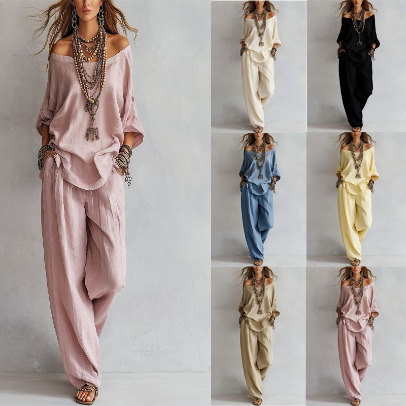 Linen Pant Wide - Dames Tweedelig Driekwart Mouw Top Eén